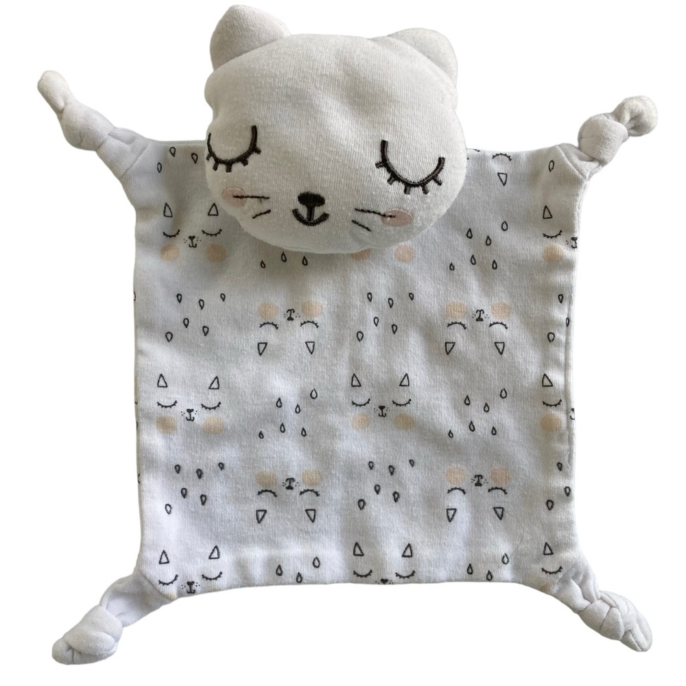 Emily and‎ Oliver Kitty Cat Plush Lovey Security Blanket White Knotted Corners